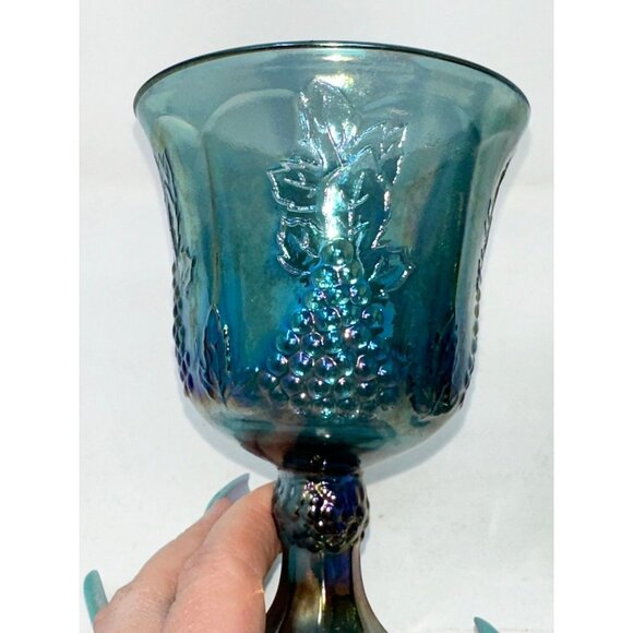 2 INDIANA GLASS CONTEMPORARY CARNIVAL HARVEST GRAPE Goblets Iridescent Blue 0176 - Picture 7 of 9
